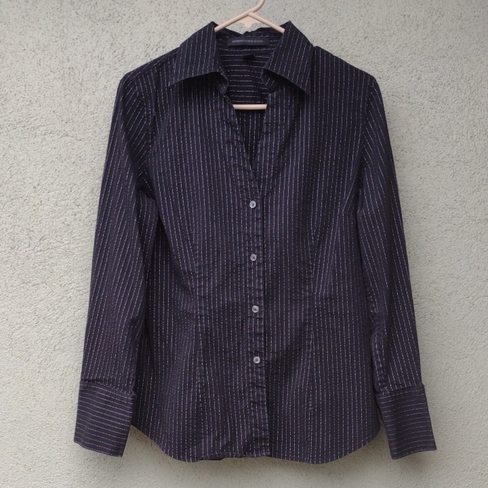 Express Black Pinstripe Button-Up V-neck Office Shirt L